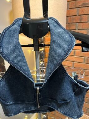 Nice Knits-Denim-Look Cropped Zip Front Bralette - Blue